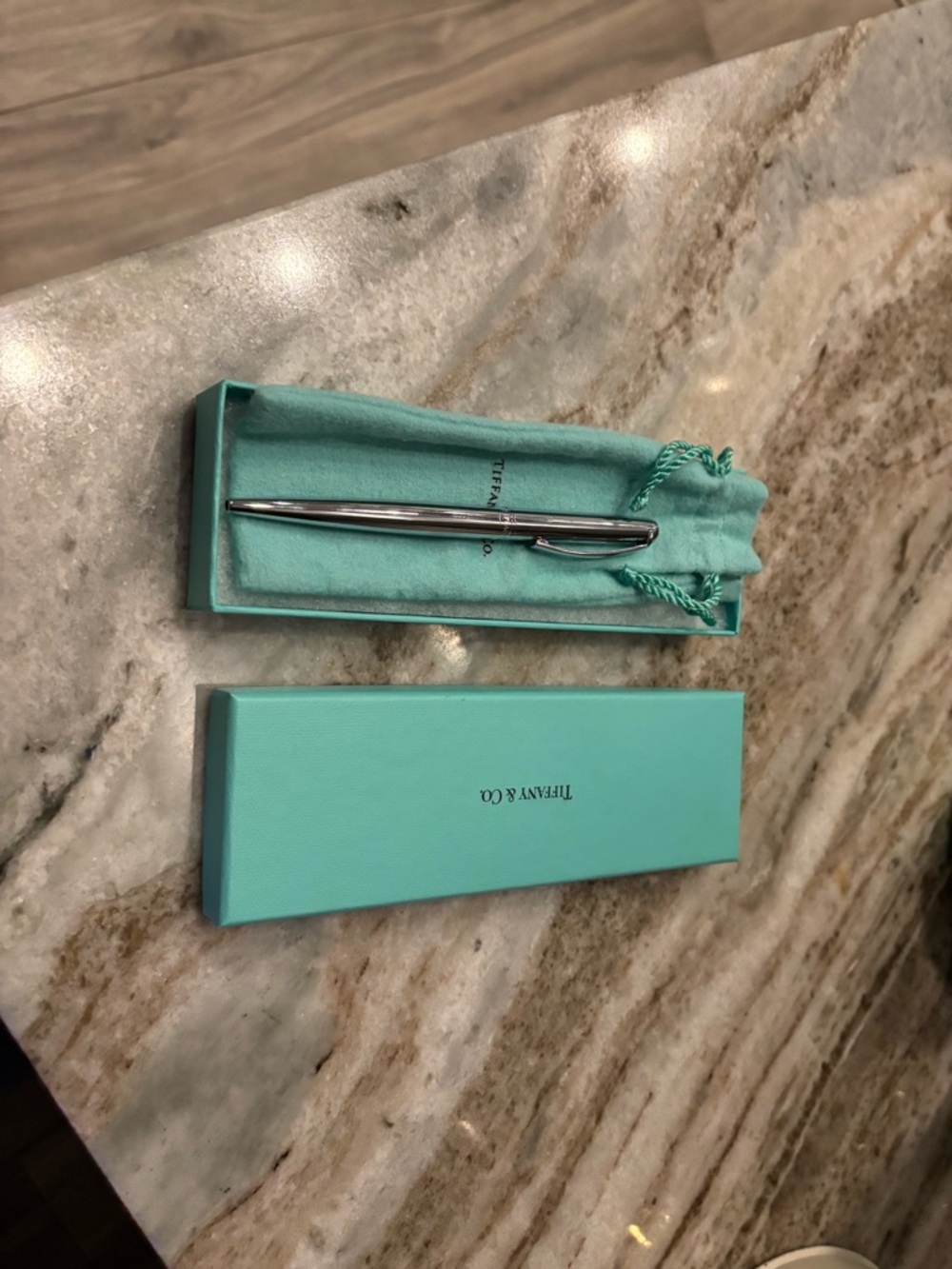 Tiffany & Co. Silver Ballpoint Pen with Signature Blue Pouch and Box